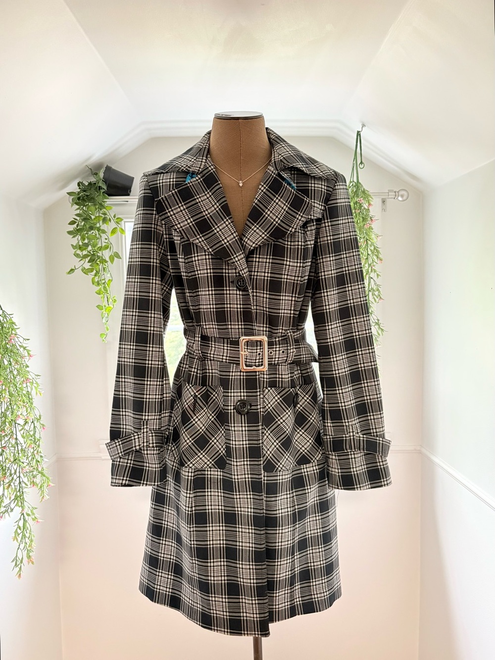 Plaid Belted Trench Coat - Black & White